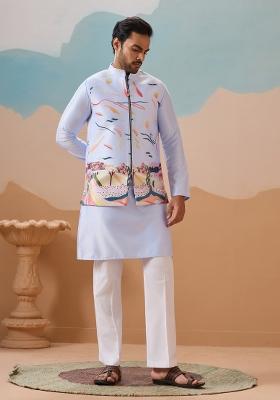 Sky Blue Embroidered Silk Kurta Set For Men