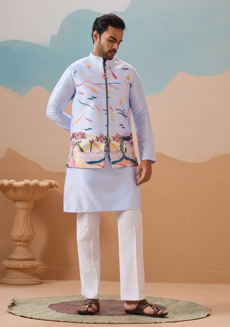 Sky Blue Embroidered Silk Blend Kurta Set For Men - Indya
