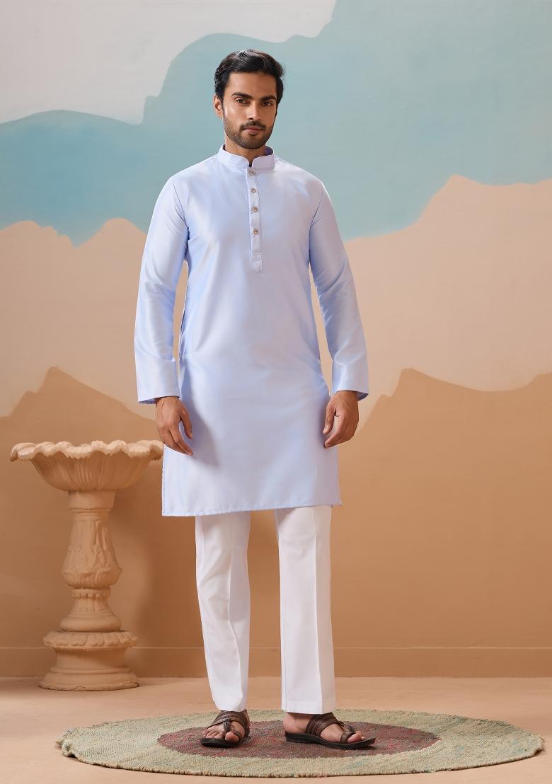 Sky Blue Embroidered Silk Kurta Set For Men - Indya