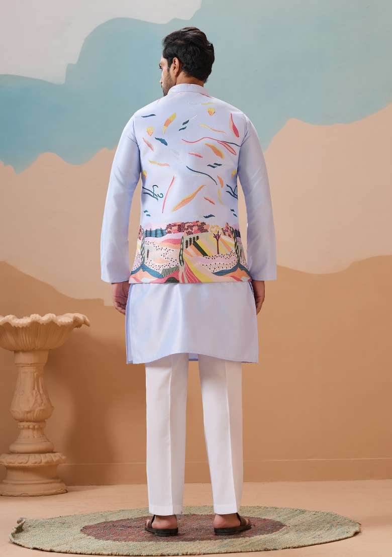 Sky Blue Embroidered Silk Blend Kurta Set For Men - Indya
