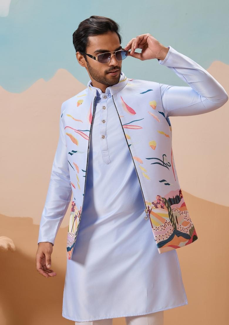 Sky Blue Embroidered Silk Kurta Set For Men - Indya