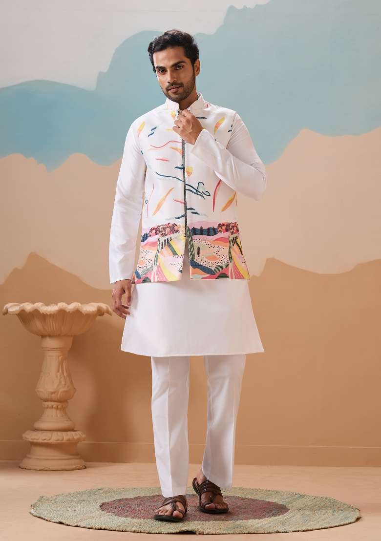 White Embroidered Silk Blend Kurta Set For Men - Indya