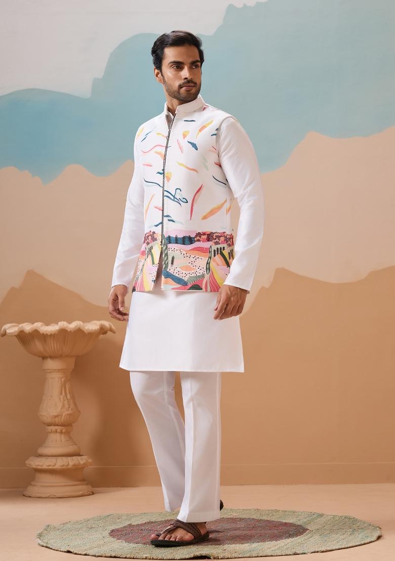 White Embroidered Silk Kurta Set For Men - Indya