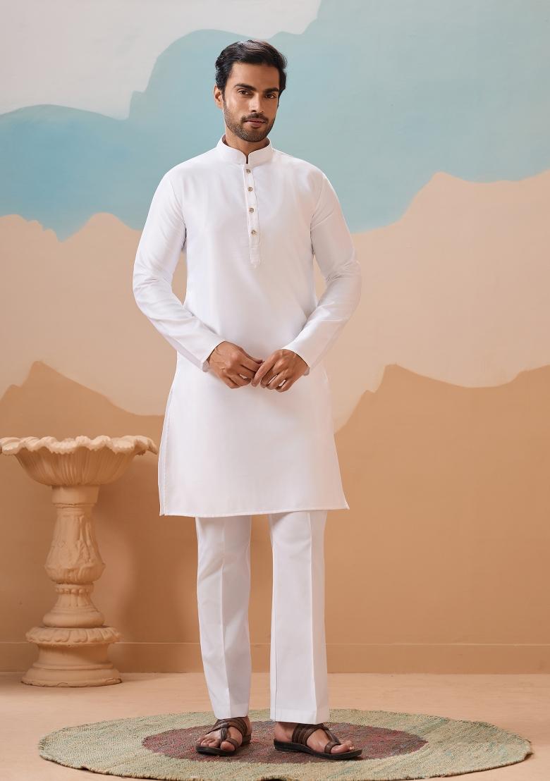 White Embroidered Silk Kurta Set For Men - Indya
