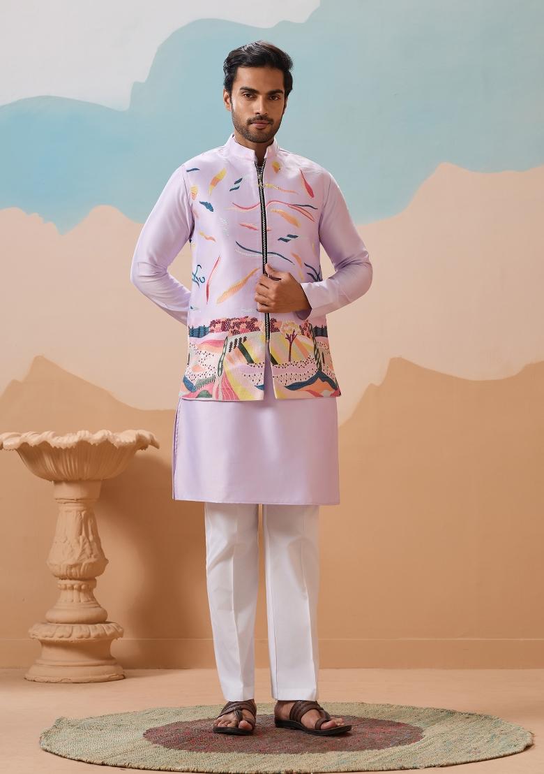 Lavender Embroidered Silk Kurta Set For Men - Indya