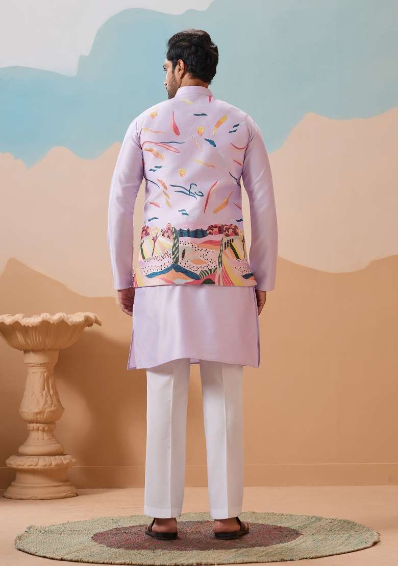 Lavender Embroidered Silk Blend Kurta Set For Men - Indya