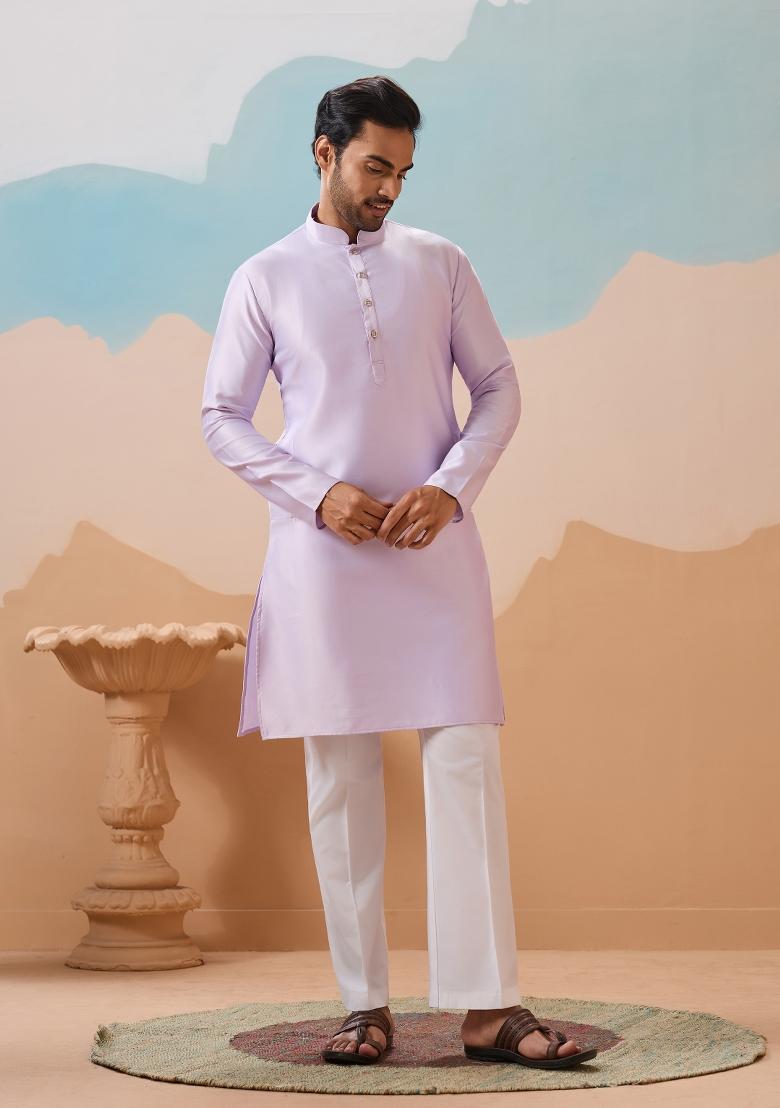 Lavender Embroidered Silk Kurta Set For Men - Indya