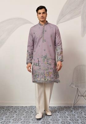 Purple Embroidered Silk Kurta For Men