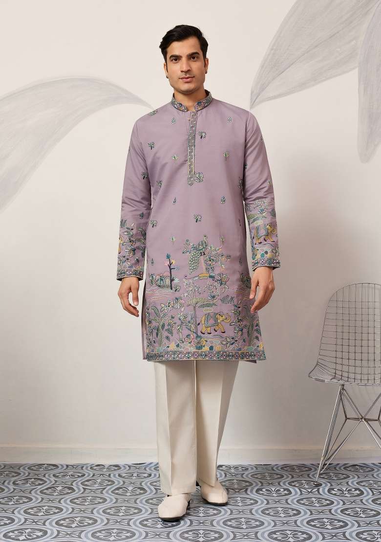 Purple Embroidered Silk Blend Kurta For Men - Indya