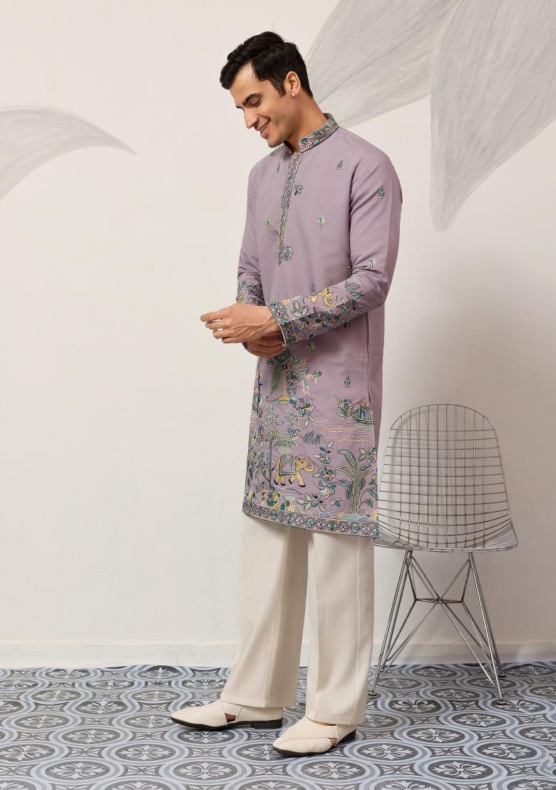 Purple Embroidered Silk Kurta For Men - Indya
