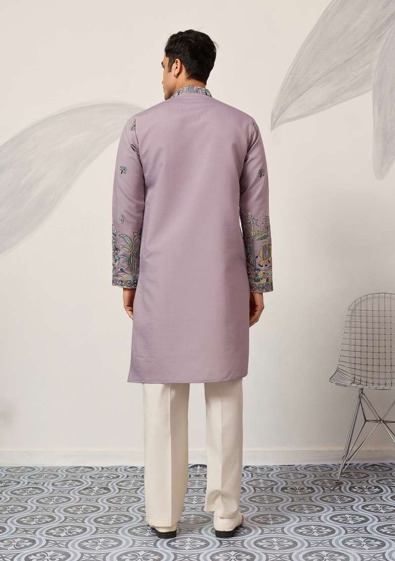 Purple Embroidered Silk Blend Kurta For Men - Indya