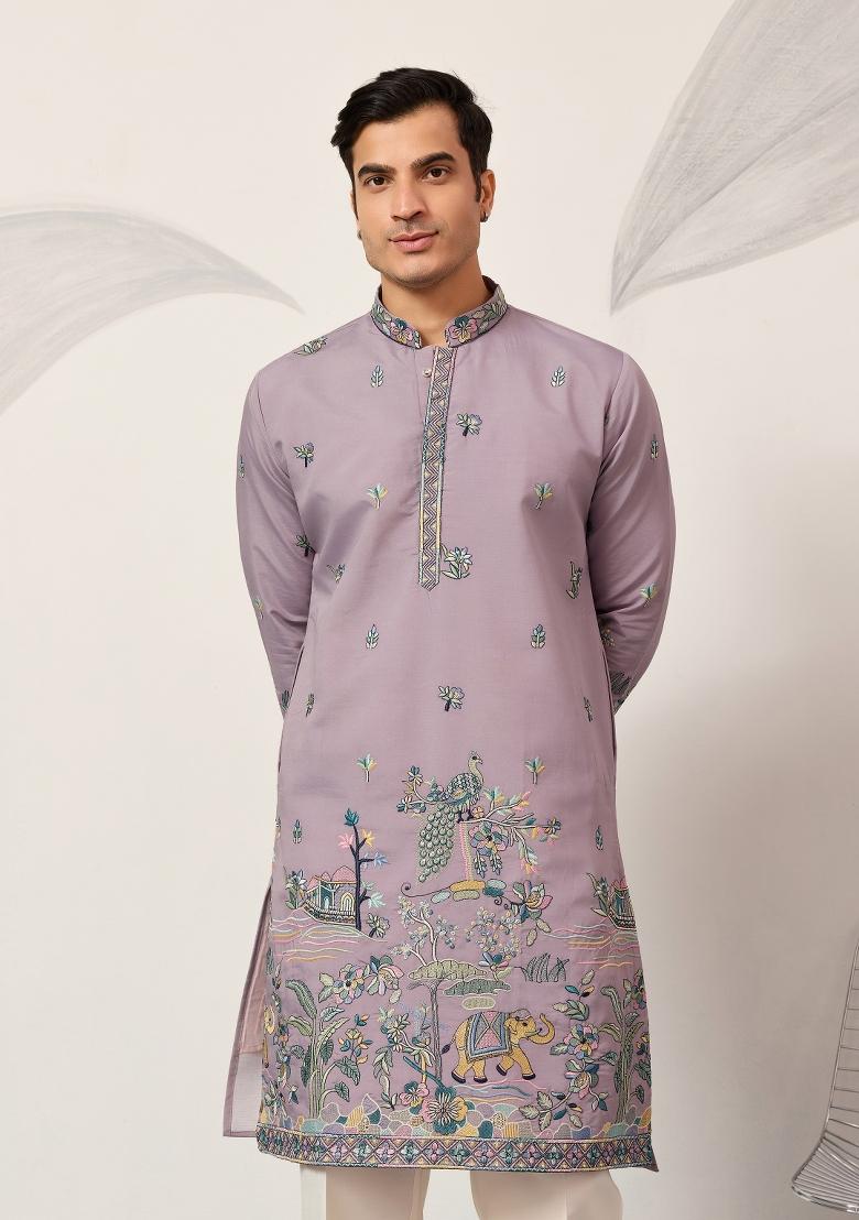 Purple Embroidered Silk Kurta For Men - Indya