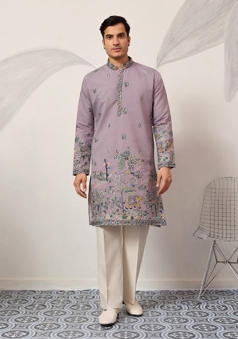 Purple Embroidered Silk Kurta For Men