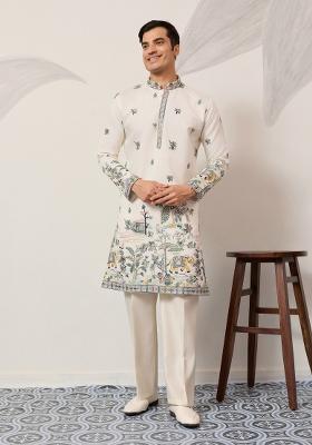 White Embroidered Silk Kurta For Men