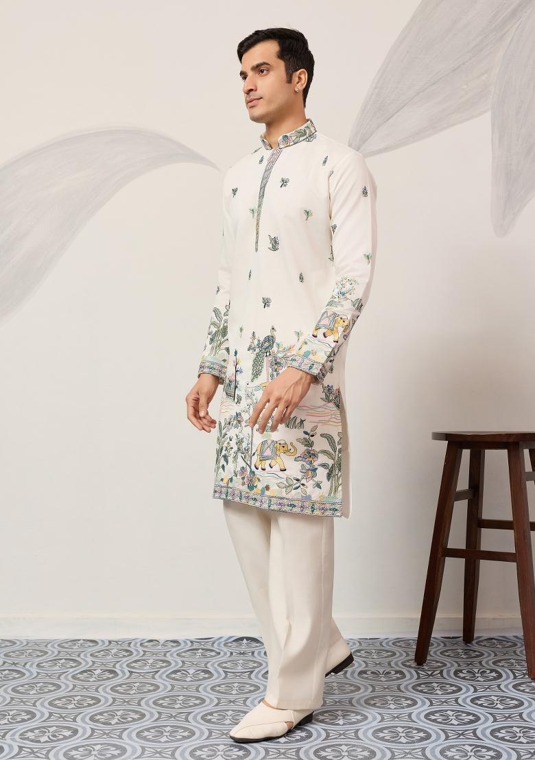 White Embroidered Silk Kurta For Men - Indya