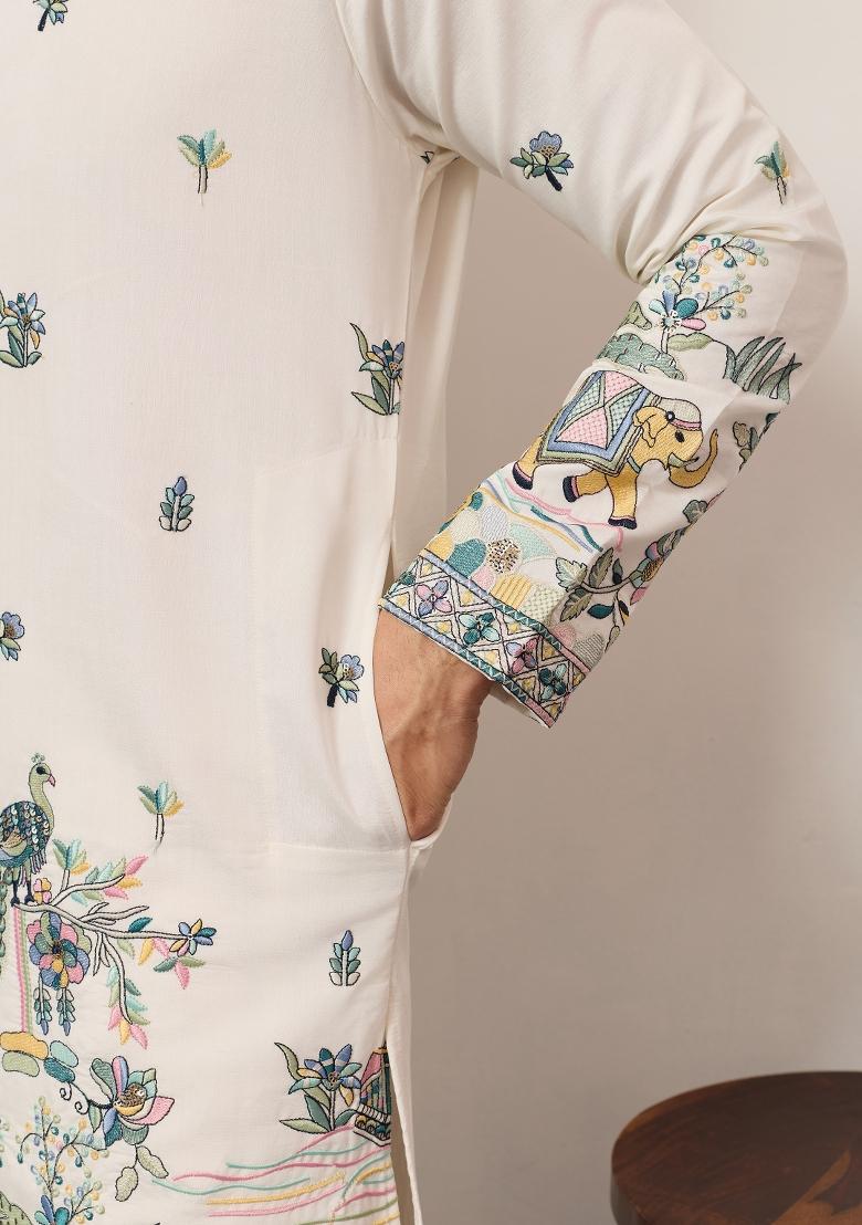 White Embroidered Silk Kurta For Men - Indya