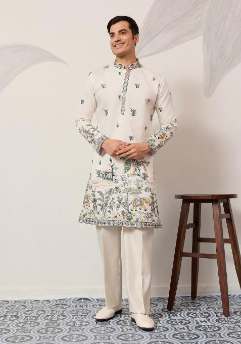 White Embroidered Silk Kurta For Men