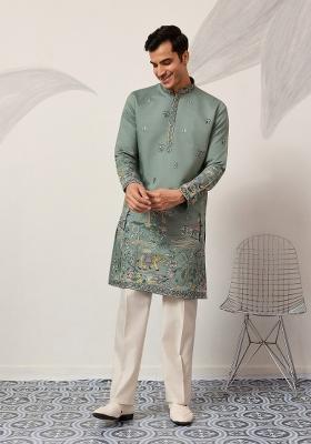 Pista Embroidered Silk Kurta For Men