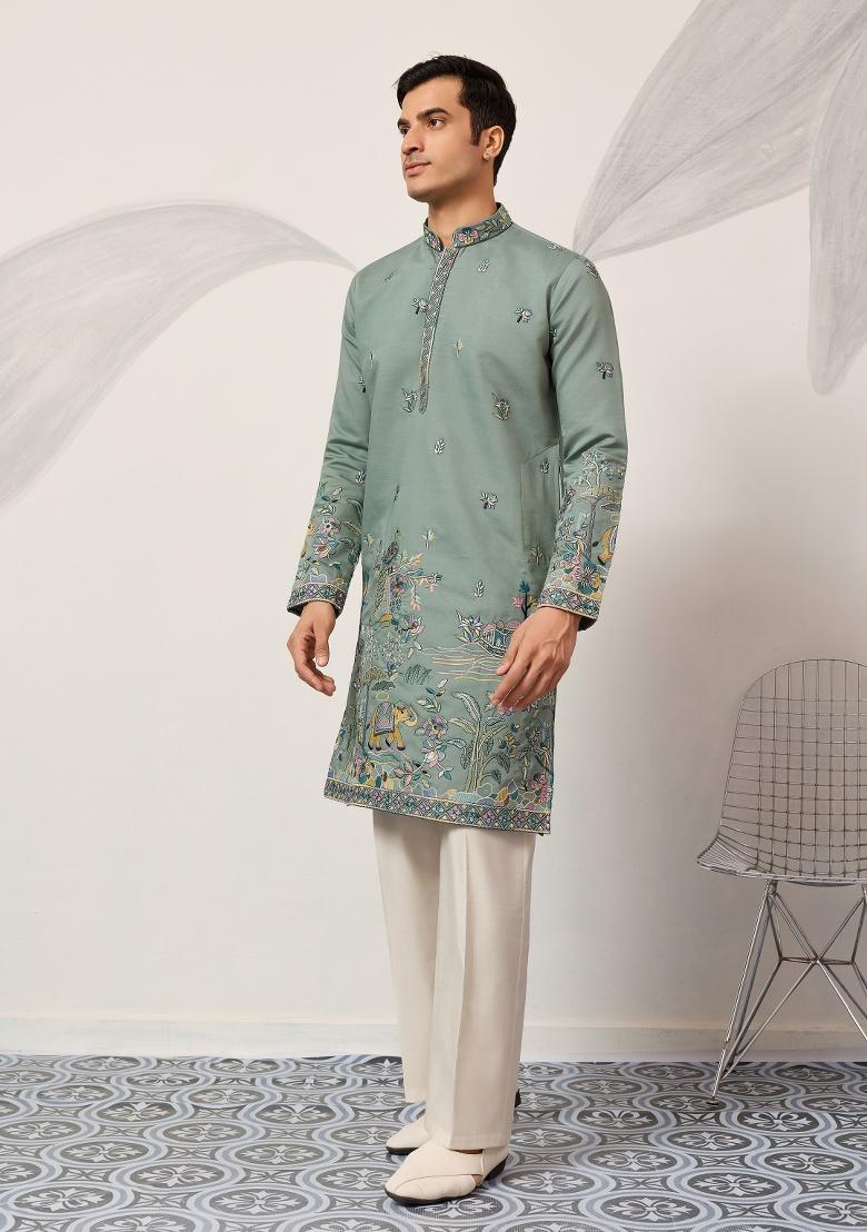 Pista Embroidered Silk Kurta For Men - Indya