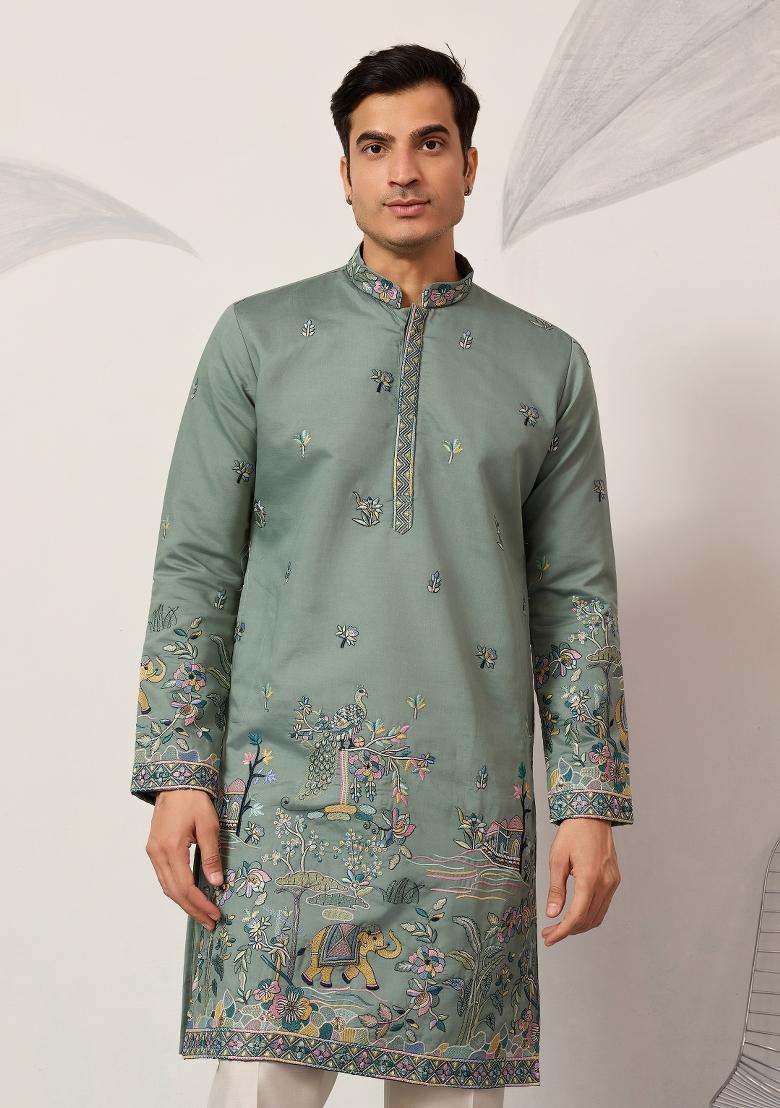 Pista Embroidered Silk Kurta For Men - Indya