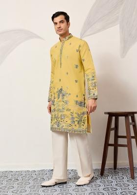 Yellow Embroidered Silk Kurta For Men