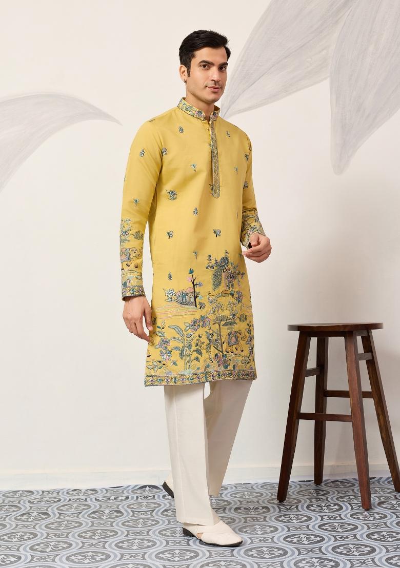 Yellow Embroidered Silk Kurta For Men - Indya