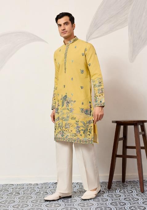 Yellow Embroidered Silk Kurta For Men