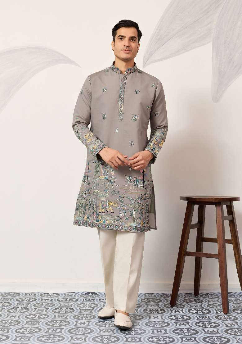 Grey Embroidered Silk Blend Kurta For Men - Indya