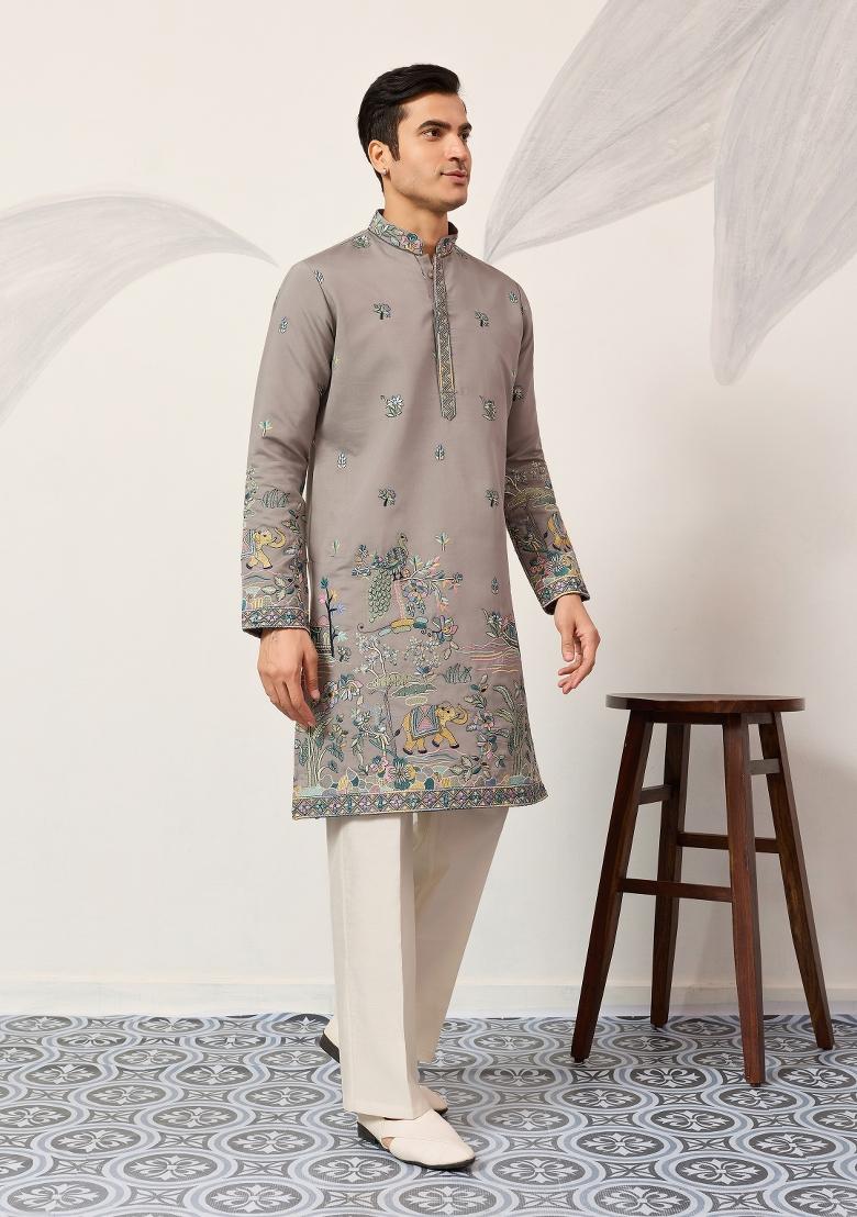 Grey Embroidered Silk Kurta For Men - Indya