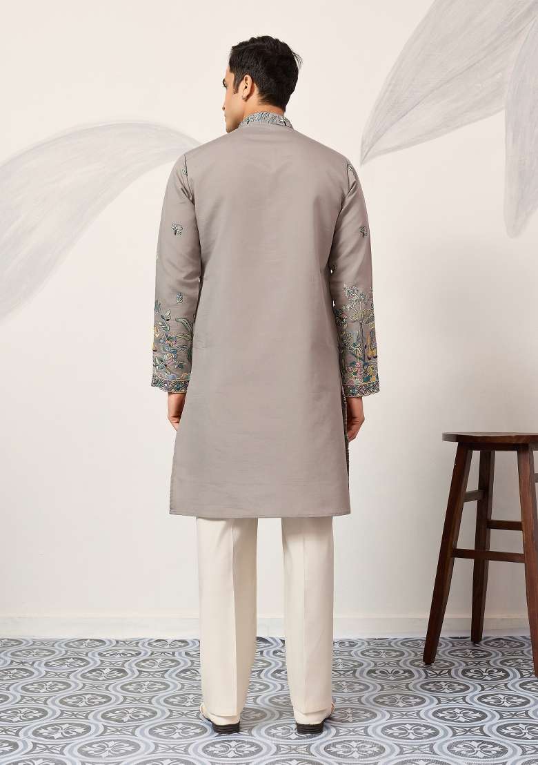 Grey Embroidered Silk Blend Kurta For Men - Indya