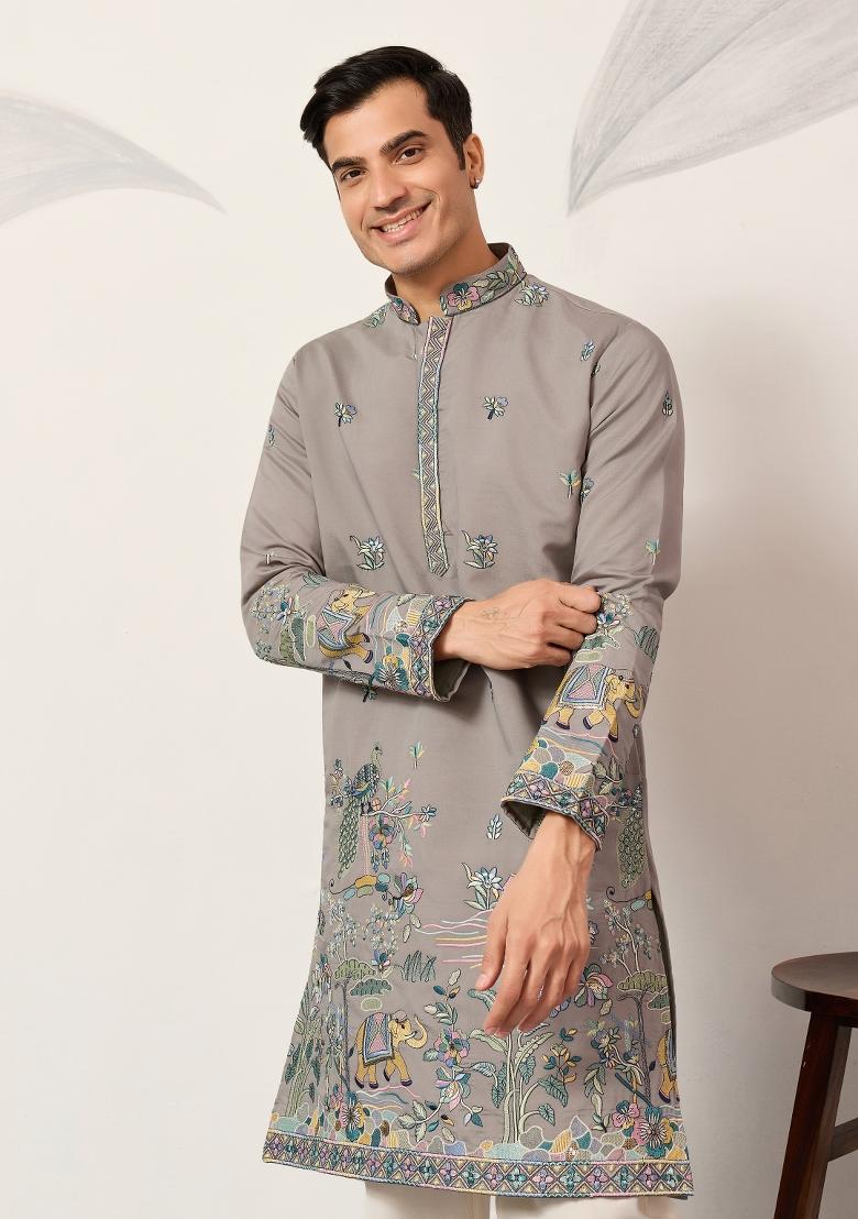 Grey Embroidered Silk Kurta For Men - Indya
