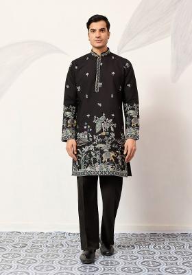 Black Embroidered Silk Kurta For Men