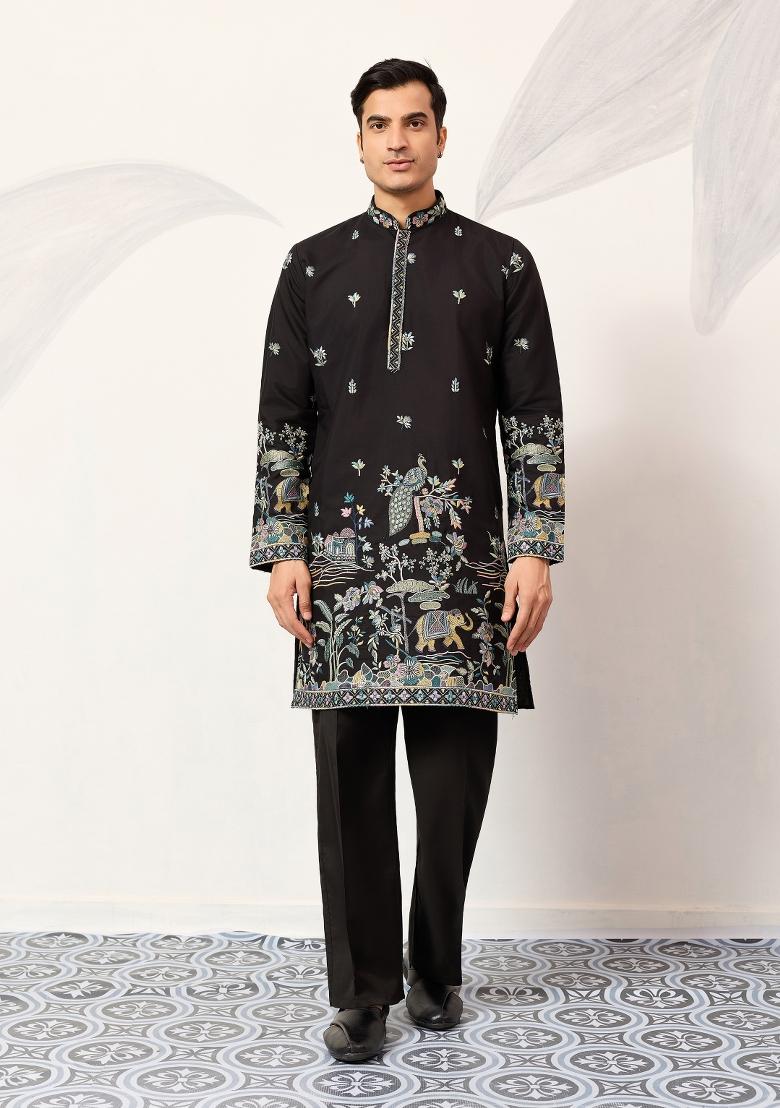 Black Embroidered Silk Kurta For Men - Indya