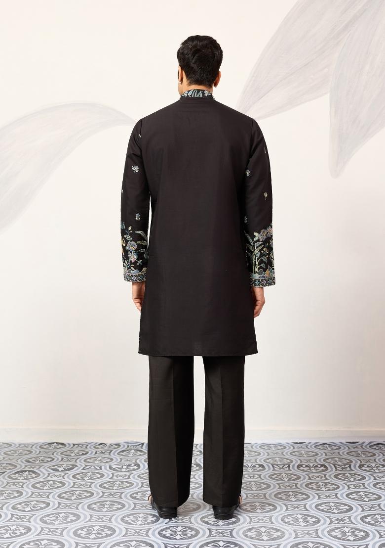 Black Embroidered Silk Kurta For Men - Indya