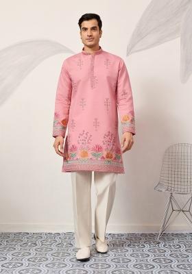 Pink Embroidered Silk Kurta For Men
