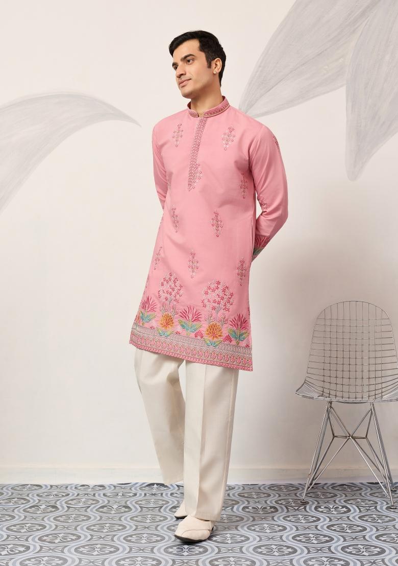 Pink Embroidered Silk Kurta For Men - Indya