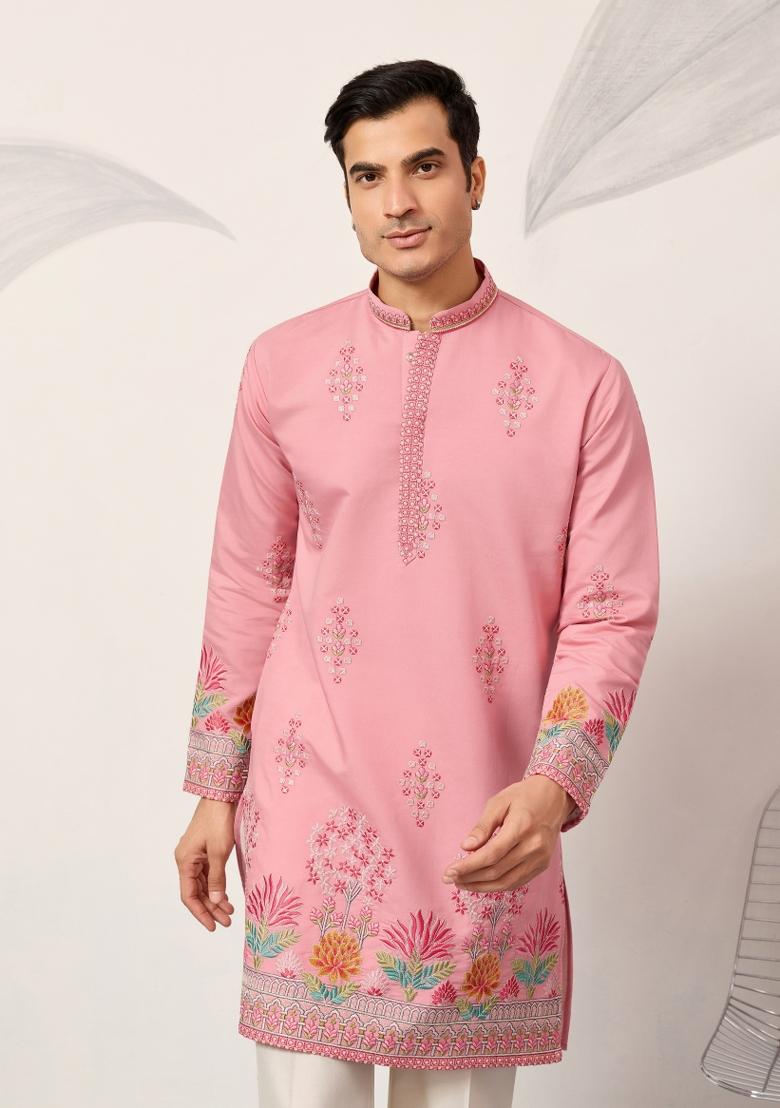 Pink Embroidered Silk Kurta For Men - Indya