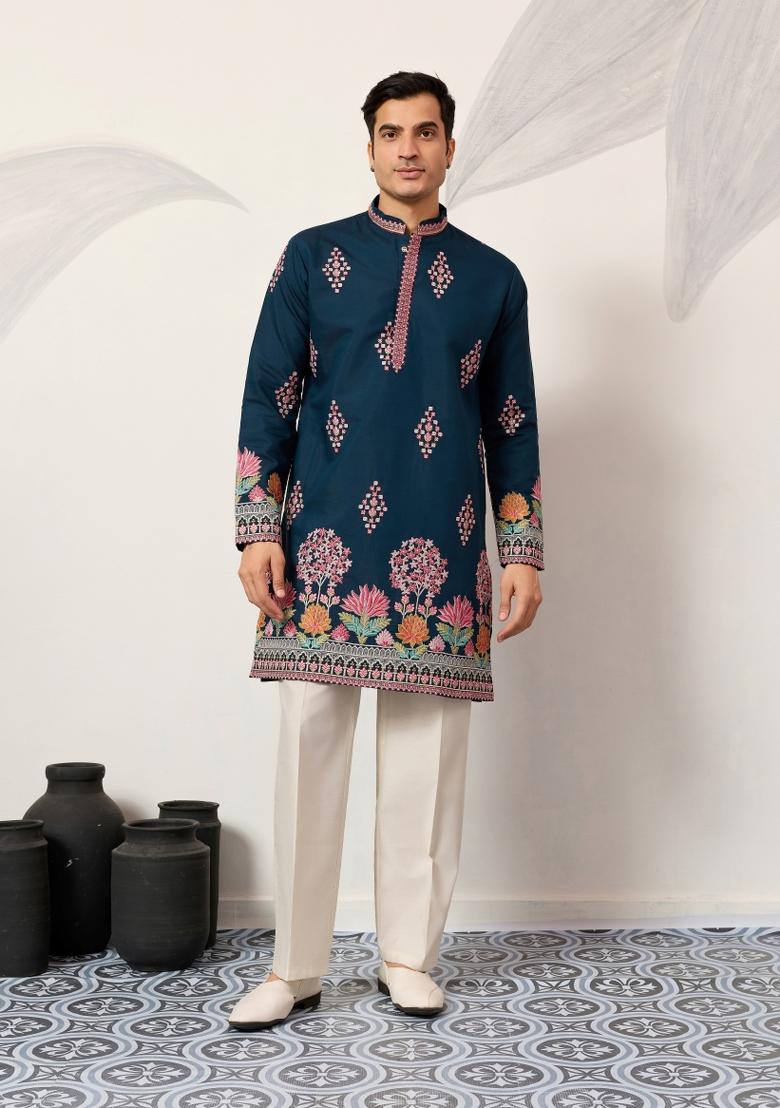 Teal Embroidered Silk Kurta For Men - Indya