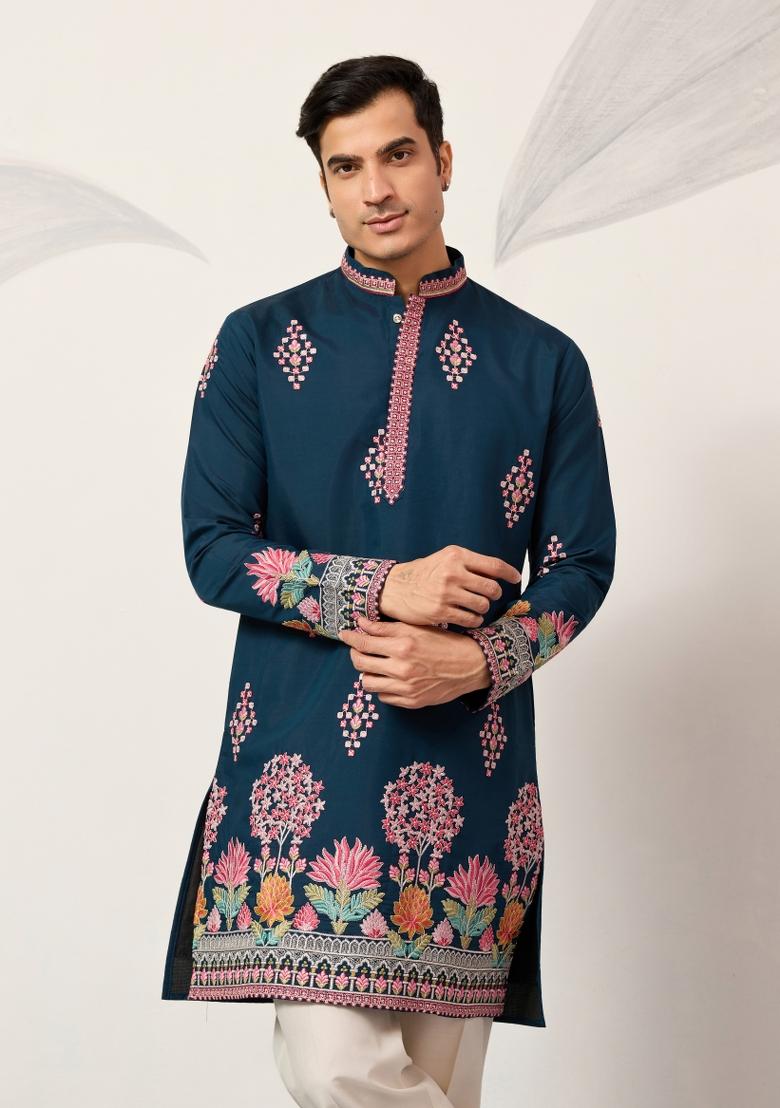 Teal Embroidered Silk Kurta For Men - Indya