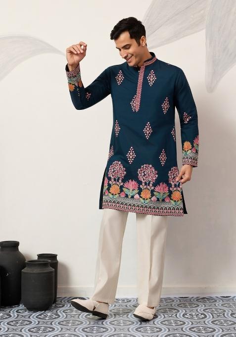 Teal Embroidered Silk Blend Kurta For Men