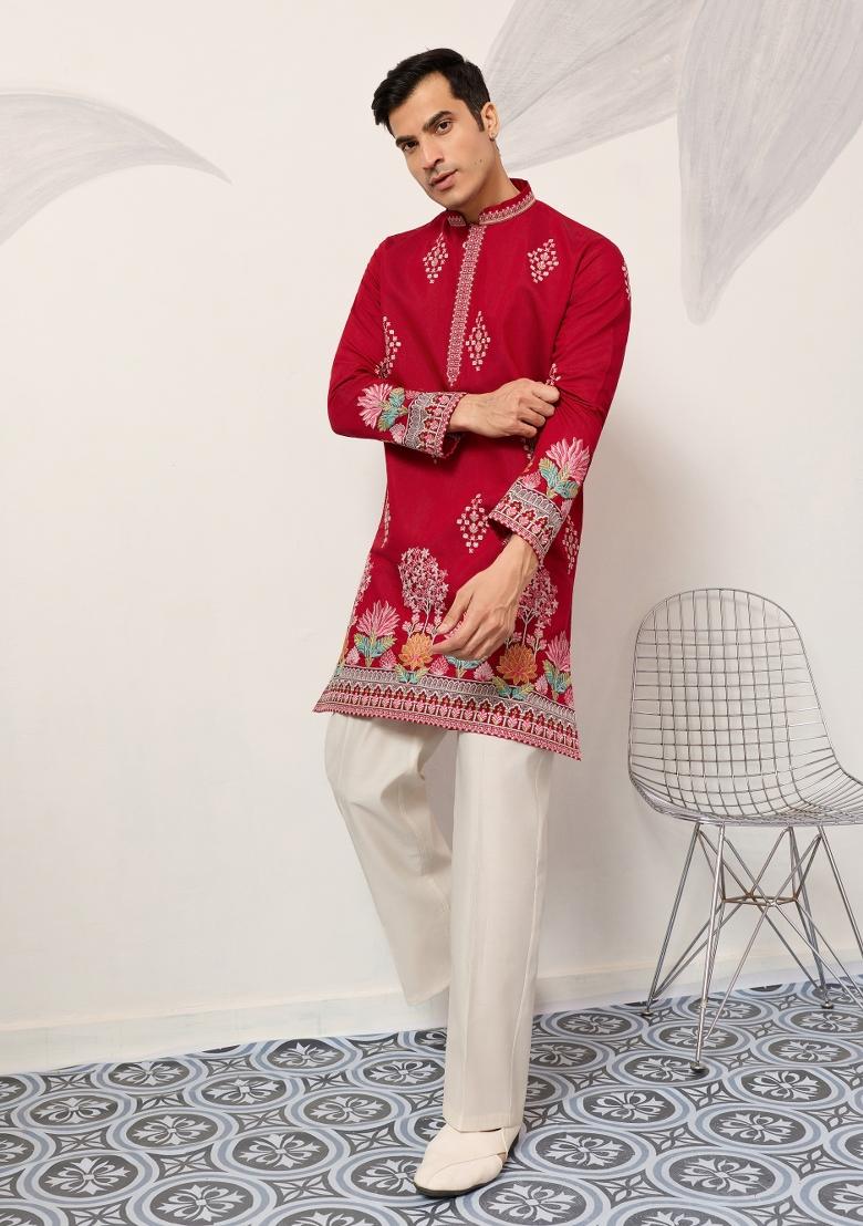 Red Embroidered Silk Kurta For Men - Indya