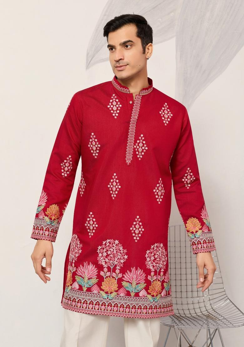 Red Embroidered Silk Kurta For Men - Indya