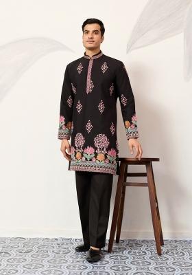 Black Embroidered Silk Kurta For Men