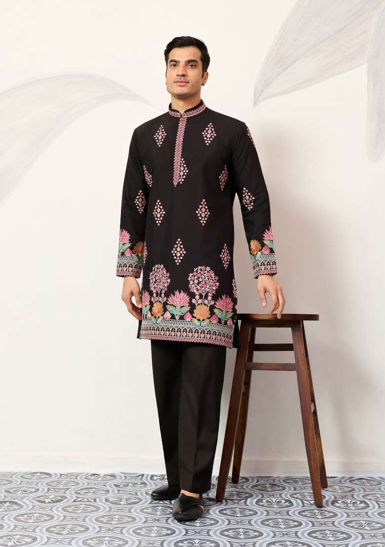 Black Embroidered Silk Blend Kurta For Men - Indya