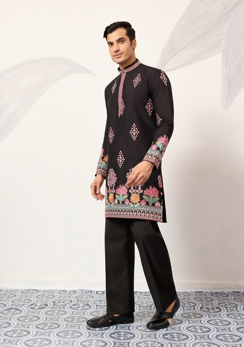 Black Embroidered Silk Kurta For Men - Indya