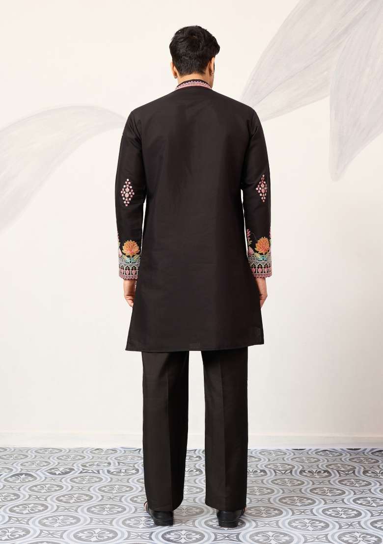 Black Embroidered Silk Blend Kurta For Men - Indya