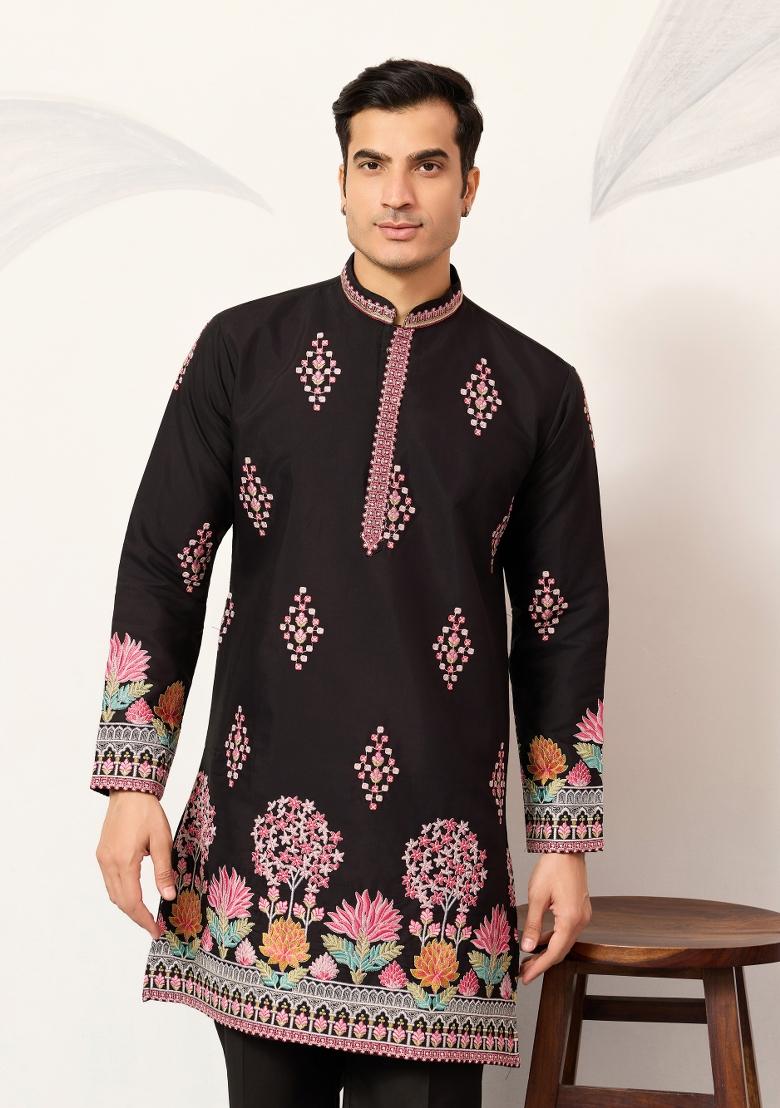 Black Embroidered Silk Kurta For Men - Indya