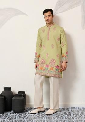 Pista Embroidered Silk Kurta For Men