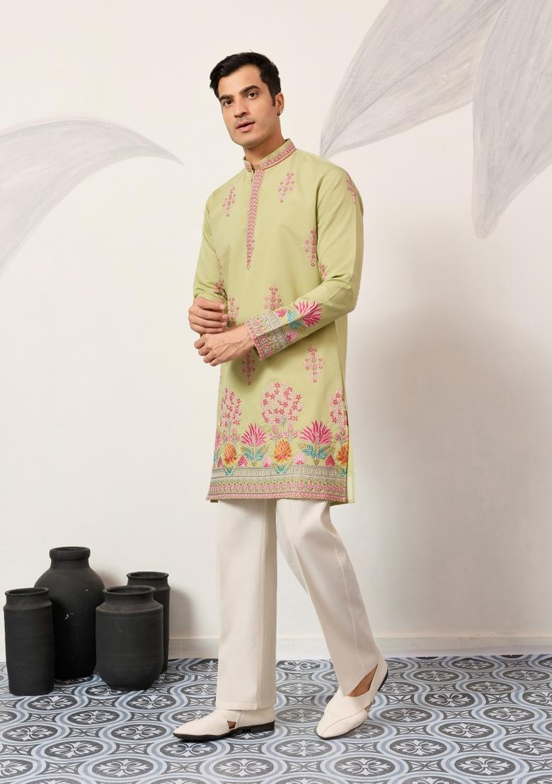 Pista Embroidered Silk Kurta For Men - Indya