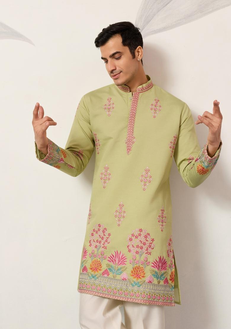 Pista Embroidered Silk Kurta For Men - Indya